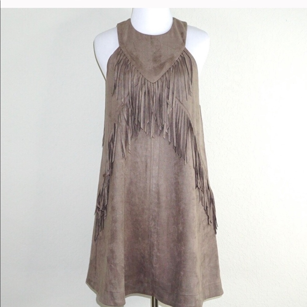 J.O.A Taupe Faux Suede Fringe A-line Tank Dress